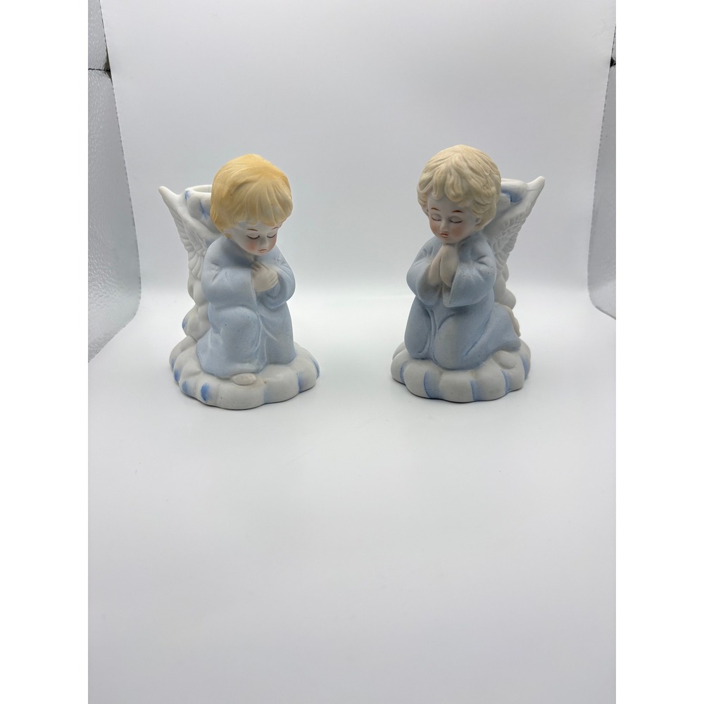 Vintage Praying Angel Cherub‎ Porcelain Figurines Blue Candle Holders Set 2